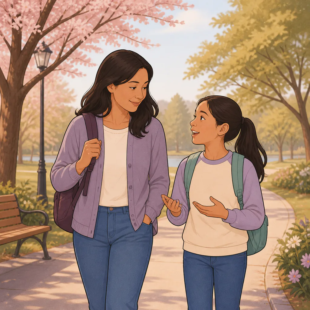 A parent listens as a school-age child talks during a walk.