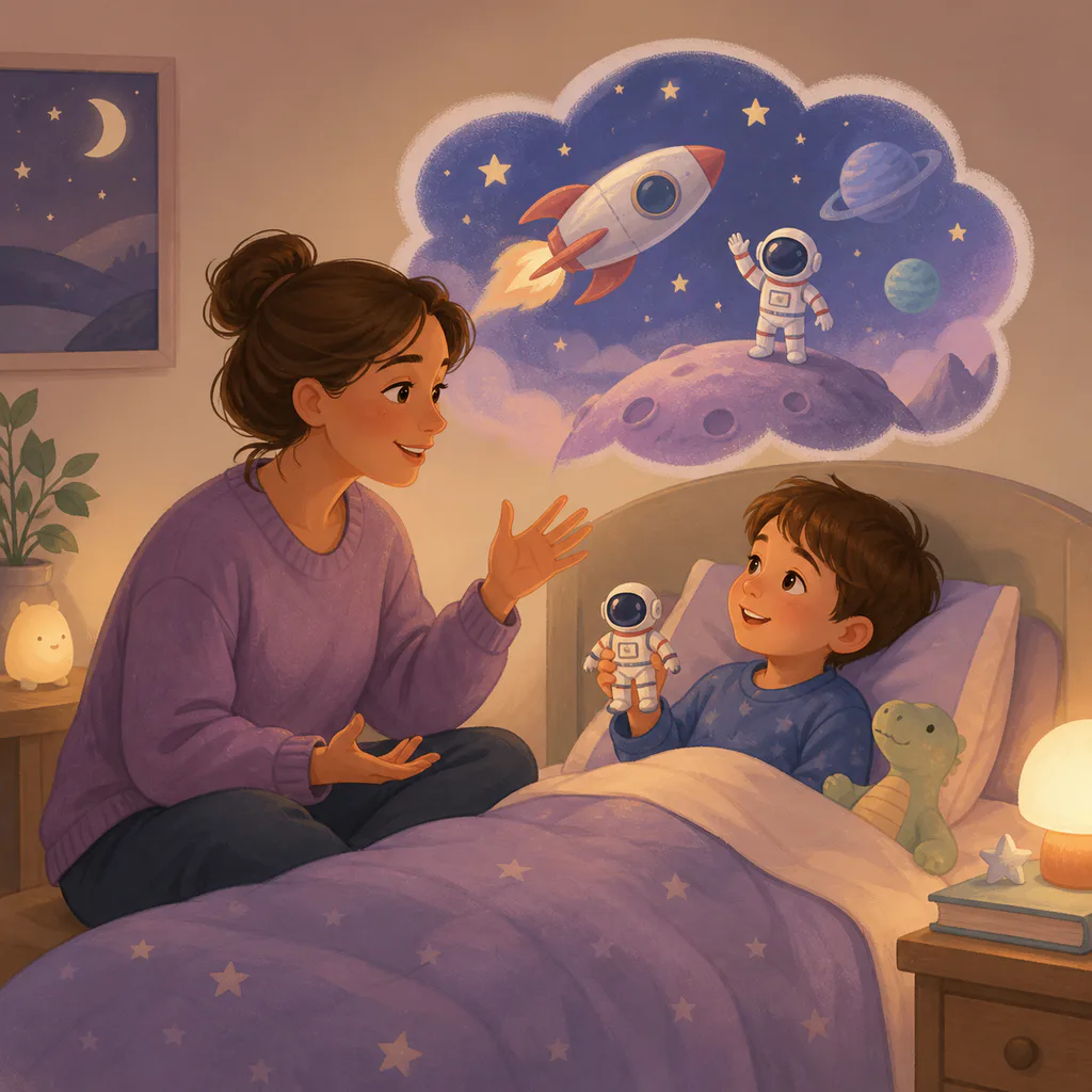 A parent tells a calm space story while a child holds a toy astronaut in bed.