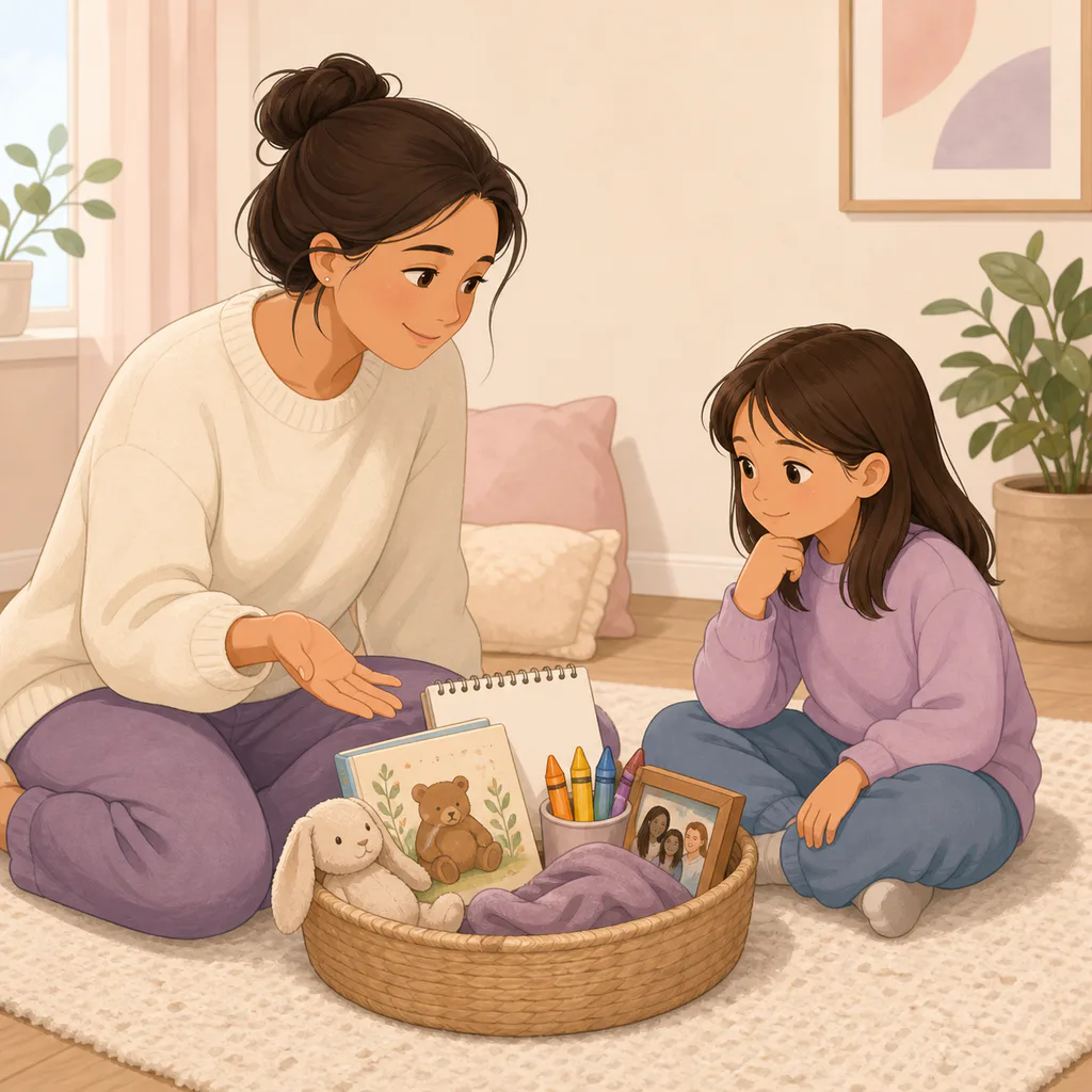 A parent and child choose familiar comforting items for a calm-down basket.