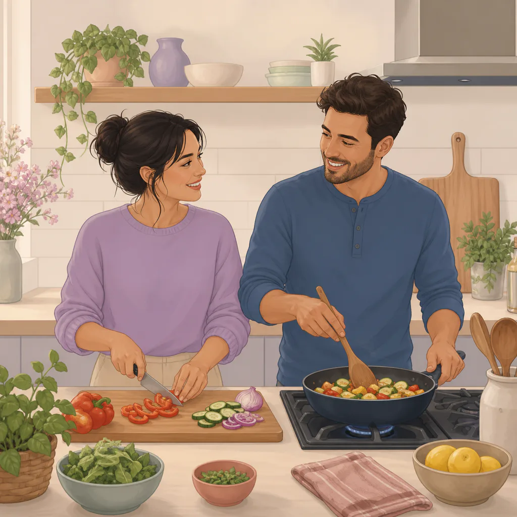 A couple prepares a simple dinner together in the kitchen.