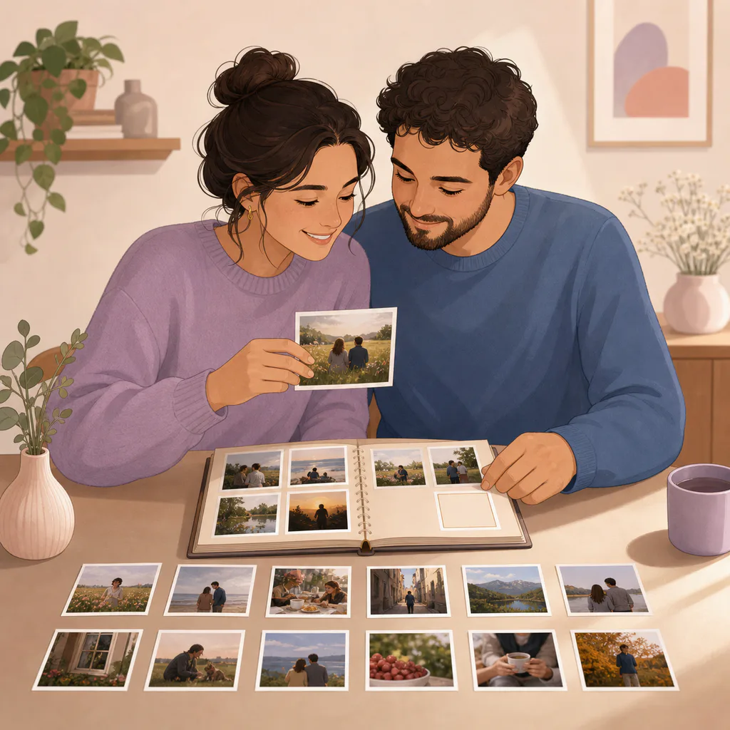 A couple chooses meaningful printed photos for a shared album.