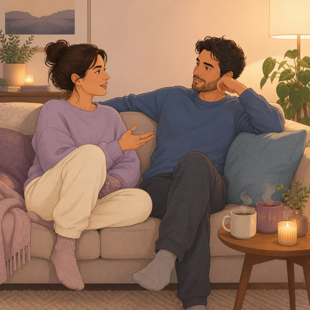 A couple has an attentive conversation together at the end of the day.