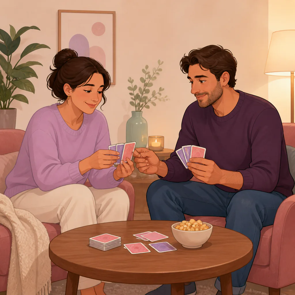 A couple plays a relaxed card game together at home.