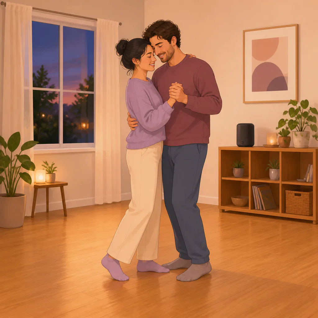 A couple gently dances together in a clear living-room space.