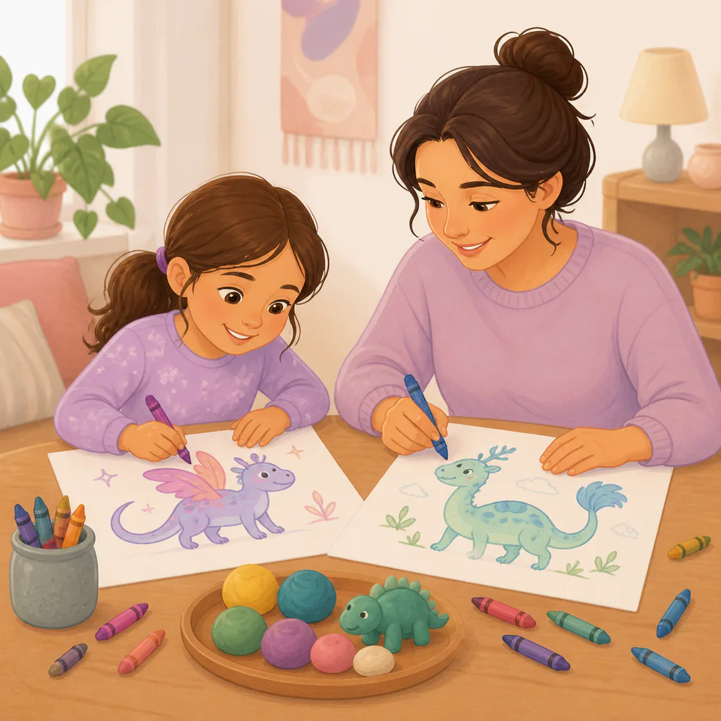 A parent and child draw their own imaginary animals side by side.