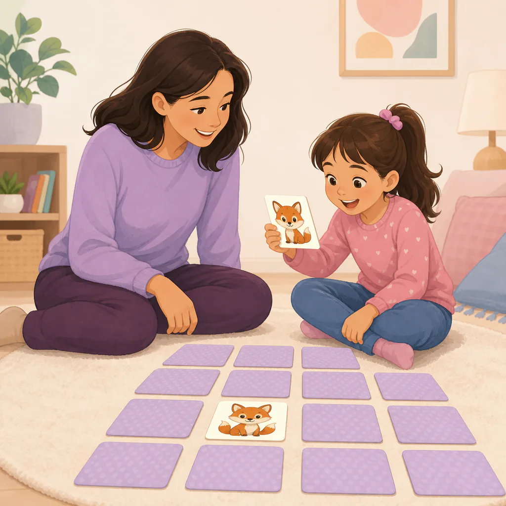 A parent and child find a matching pair in a game with large picture cards.