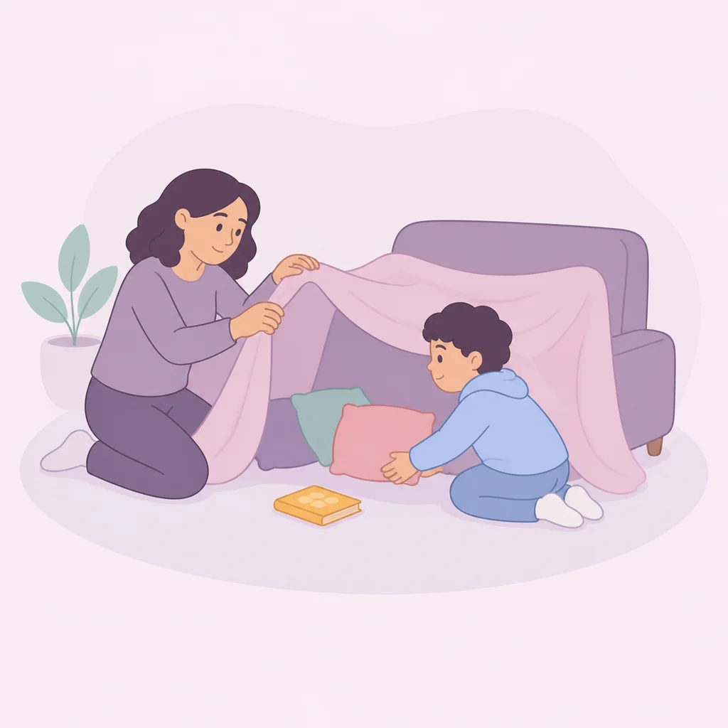 A parent and child build a low pillow fort on the floor using a sofa and a lightweight sheet.