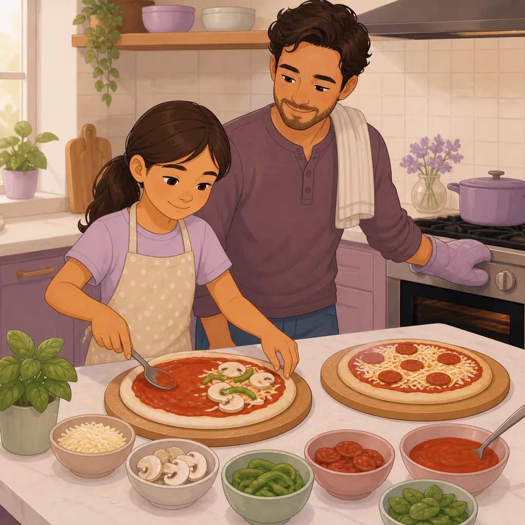 A parent supervises while a child adds sauce and toppings to a pizza.