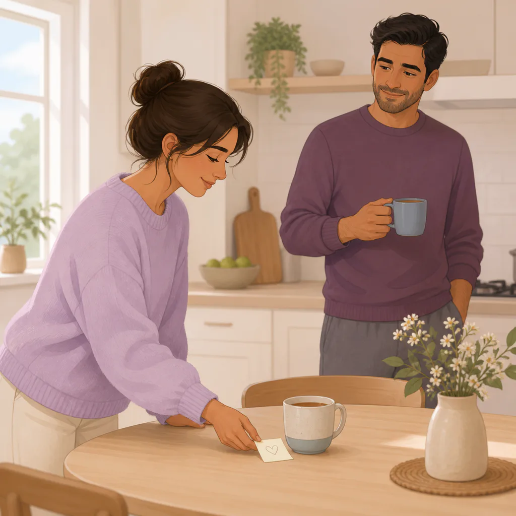 One partner leaves a short note beside a mug of tea as a small surprise.