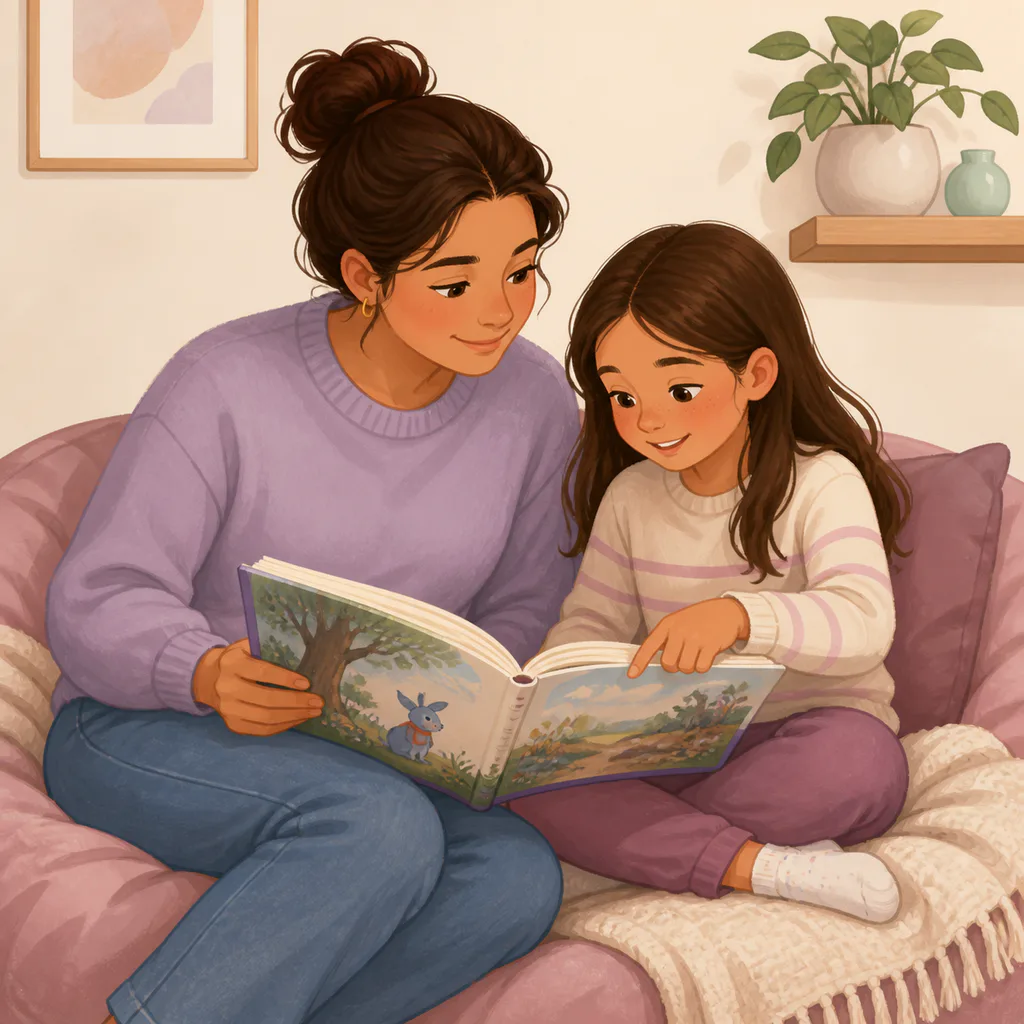 A parent and child read an illustrated book together on a sofa.