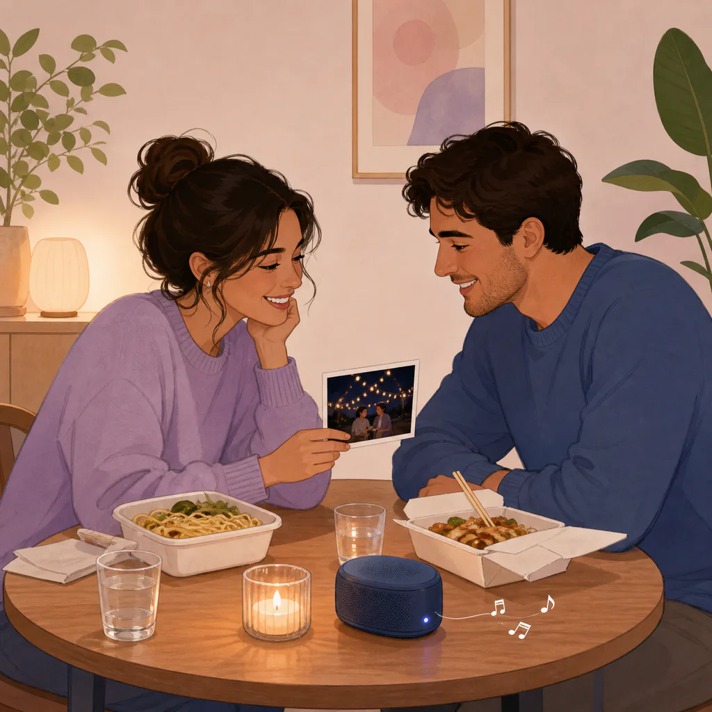 A couple looks at a photo from an early date over a simple dinner at home.