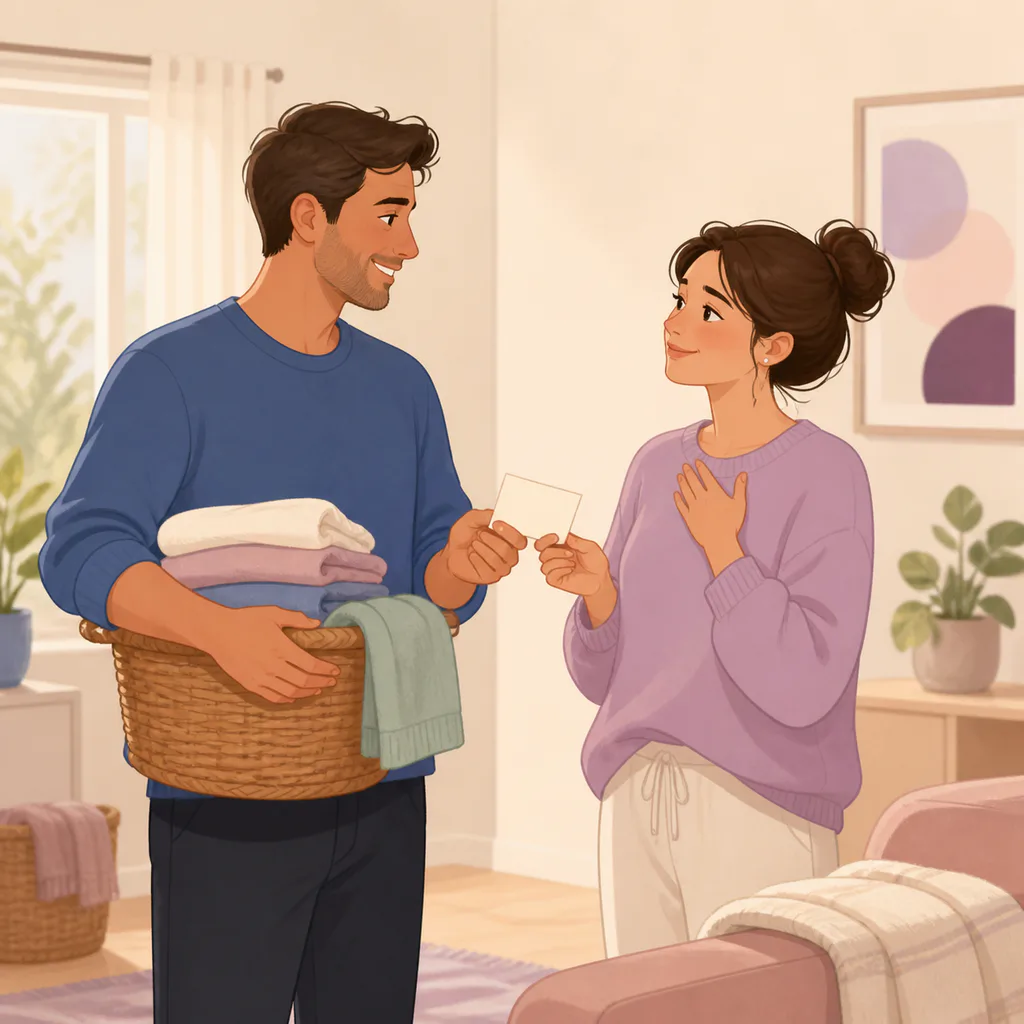 One partner carries folded laundry while receiving a short thank-you note.
