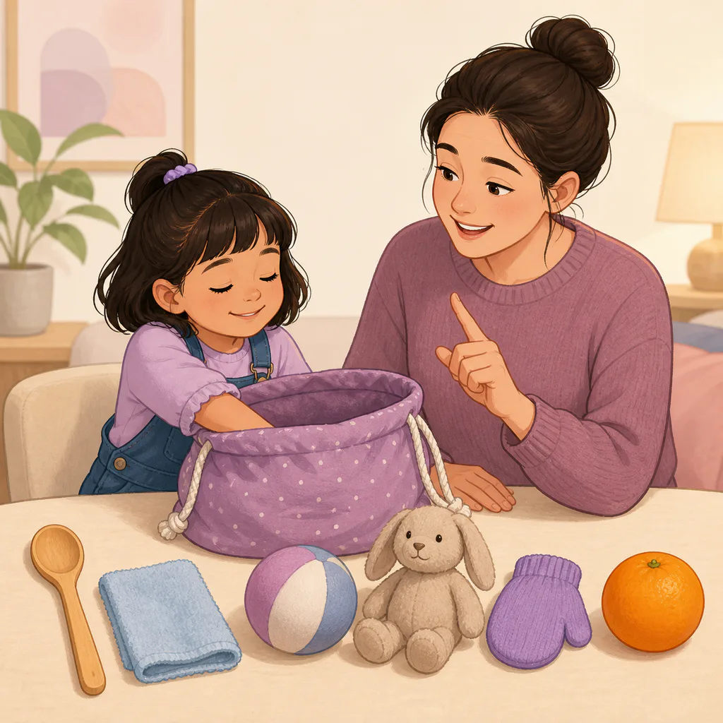 A parent gives a clue while a child feels for a safe object in a fabric bag.